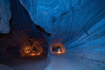 Blue cave with rocks, Mae Sot District, Tak, Thailand. Cave wall color pattern with natural...