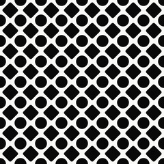 Black rhombuses and circles pattern. Vector seamless and monochrome ornament.