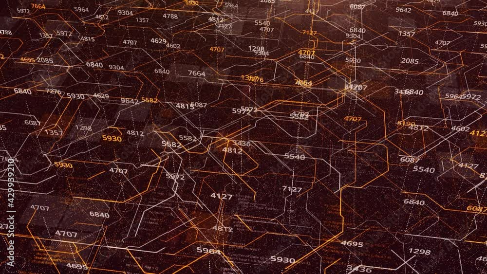 Poster data moving within computer circuitry with many changing numbers, seamless loop. animation. computer