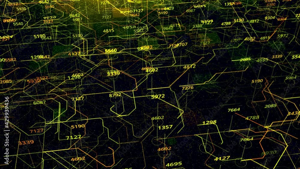 Poster cpu yellow and black circuit board in motion, seamless loop. animation. colorful data signals flowin