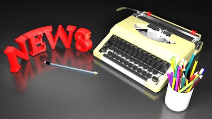 Typewriter with write NEWS and pencils - 3D rendering illustration