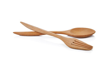 wooden spoons and fork Isolated on White Background