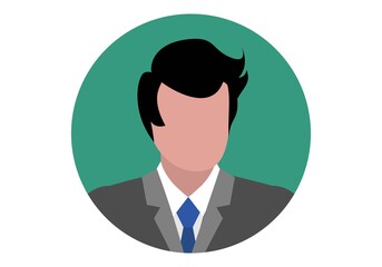 Icono circular de un ejecutivo, empleado, dependiente, encargado o banquero con traje gris y corbata azul