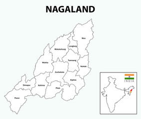 Nagaland map. District map of Nagaland. Nagaland map with district and capital in white colour.