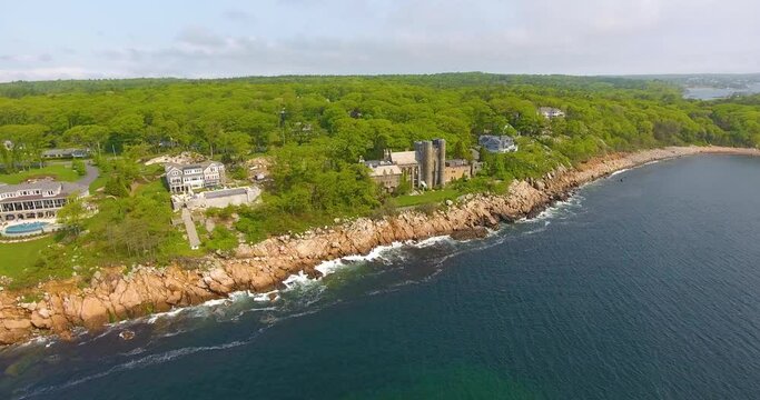 Aerial view of Hammond Castle in village of Magnolia in city of Gloucester, Massachusetts MA, USA. This building was built in 1926 on the coast of Gloucester Harbor.
