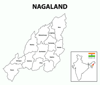 Nagaland map. District map of Nagaland. Nagaland map with district and capital in white colour.