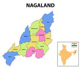 Nagaland map. District map of Nagaland. Nagaland map with district and capital. Colour full district map of Nagaland.