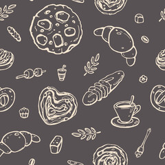 Seamless Vector Cute Outline Pattern on Chocolate Background. Bakery. Yummy Breakfast Print Design for Textile or Cafe Board.