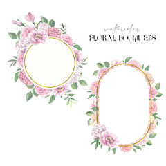 Set of watercolor frames with pink flowers on a white background.