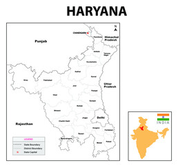 Outline map of Haryana.  Haryana administrative and political map. Haryana map with neighboring countries and border in white color