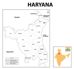 Outline map of Haryana.  Haryana administrative and political map. Haryana map with neighboring countries and border in white color