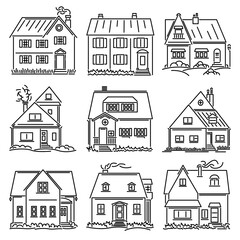 Set of simple vector images of small houses drawn in art line style. - 429941235