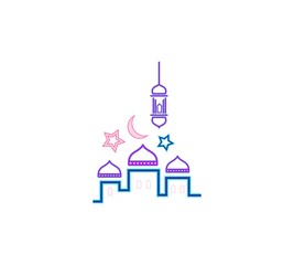 Ramadan greeting text with fauns lanterns, star and crescent design, banner in neon style. Vector design element