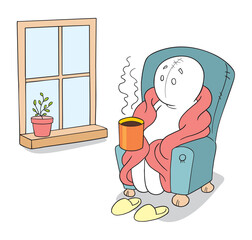 Abstract cartoon figure sitting on an armchair enjoying a cup of coffee looking out of the window