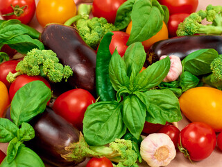 Flat lay composition with fresh vegetables.