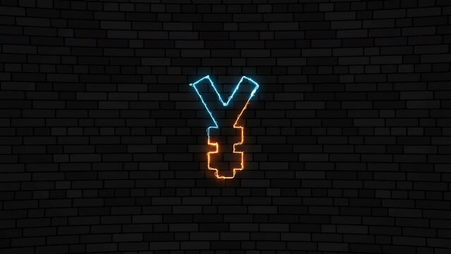 Thin line energy symbol of Japanese currency Yen on a dark brick wall background. Simple business motion graphic animated element