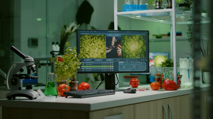 Empty biological scientific laboratory with nobody in it prepared for microbiology experiment test. Biochemistry lab eqquiped with high tech tools for pharmaceutical plant GMO biology medical research