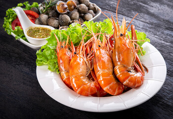 Seafood grilled on white plate