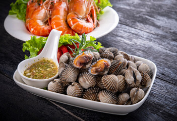 Seafood grilled on white plate