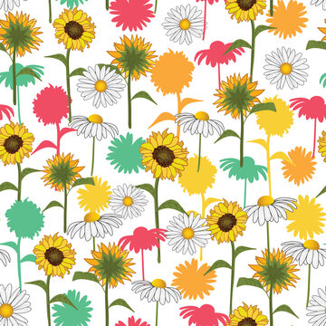Abstract colorful daisy and sunflower seamless pattern