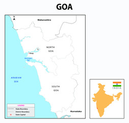 Outline map of Goa.  Goa administrative and political map. Goa map with neighbouring countries and border in white colour - obrazy, fototapety, plakaty