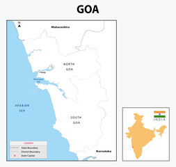 Outline map of Goa.  Goa administrative and political map. Goa map with neighbouring countries and border in white colour - obrazy, fototapety, plakaty