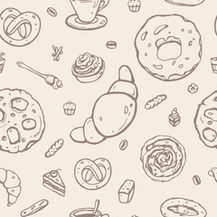 Seamless Vector Cute Outline Pattern. Bakery. Yummy Breakfast Print Design for Textile or Cafe Board.