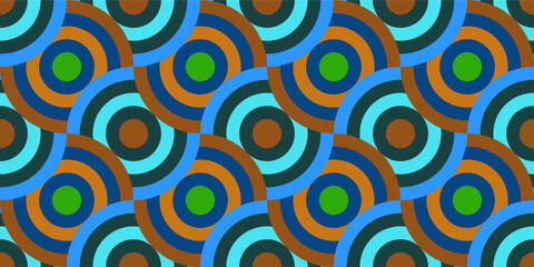 Seamless bright pattern in 60s style. Template for fabric or wrapping paper. Circular luxury ornament. Abstract vector geometric pattern. Textile design. Fashionable color combinations. Disco. Circles