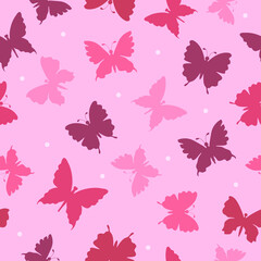 Colorful silhouettes of butterflies and white dots on a light pink background. Insects. Seamless doodle summer pattern. Suitable for packaging, textile, wallpaper.