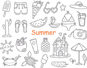 Doodle Summer Elements and Accessories for Beach Holidays in sketch style.Hand Drawn Line of Drinks, Tropical Fruits, Clothes, Marine Animals,Ice Cream. Vector Illustration.Collection for Web, Design.