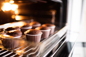 Open home oven with chocolate tasty muffins in bakeing forms on tray at home. Making fresh cupcakes in stove close up.