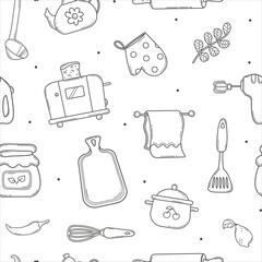 Seamless Doodle Pattern with Kitchen Tools and Cooking Equipment in Sketch style.Hand Drawn Line Cuisine Accessories.Isolated on white background.