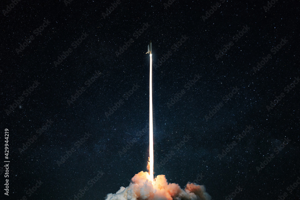 Poster space rocket launch into the starry sky. space shuttle with blast and blast lift off into space on a