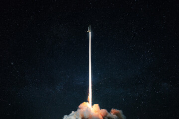 Space rocket launch into the starry sky. Space shuttle with blast and blast lift off into space on a dark background. Successful start, concept - Powered by Adobe