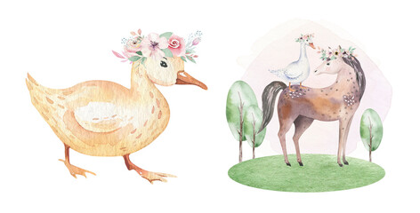 Farms animal isolated set. Cute domestic farm pets watercolor illustration. horse and goose cartoon drawing.