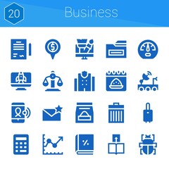 business icon set. 20 filled icons on theme business. collection of Account, Placeholder, Email, Police station, Satellite dish, Suitcase, Line chart, Calendar, Dashboard