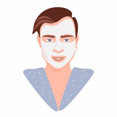 Facial mask beauty product. Young adult men with spa facial mask. Skin care relaxing. Men's fashion. Flat vector illustrations on white background.