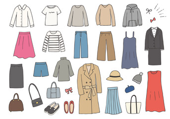 いろんな服や小物の手描きイラストセット（カラー）