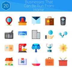 businesses that can be run from home icon set. 20 flat icons on theme businesses that can be run from home. collection of calendar, sailboat, basket, boss, suitcase, remote control