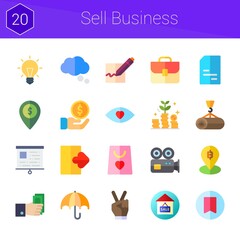 sell business icon set. 20 flat icons on theme sell business. collection of crane, umbrella, signature, coins, idea, briefcase, victory, video camera, pay, thinking, presentation
