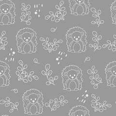 Seamless pattern with animals. Cute hedgehog and botanical elements of branches with leaves. Ornament line art. Cartoon vector illustration for kids clothes, wallpaper. Gift wrapping, paper and fabric