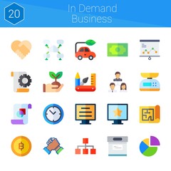 in demand business icon set. 20 flat icons on theme in demand business. collection of handshake, sprout, graphic design, scale, archive, clock, blog, network, blueprint, presentation