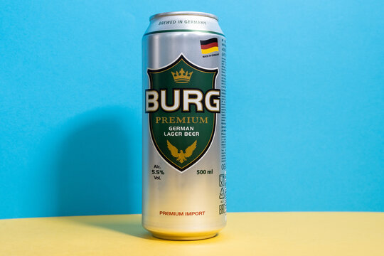 Tyumen, Russia-april 17, 2021: Burg premium beer aluminum can. Dargyuner Brevery is exported to more than 90 countries around the world.