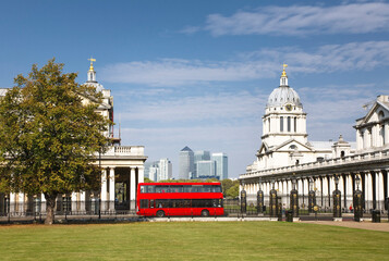 Central London scene with double decker bus. Greenwich, London, UK