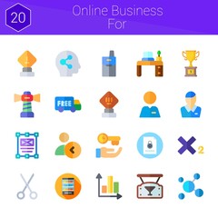 online business for icon set. 20 flat icons on theme online business for. collection of subscript, lighthouse, social, assistance, shelves, graph, network, scissors, clerk