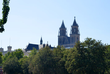 Fototapeta na wymiar Magdeburg, distant view to the cathedral towers and city center