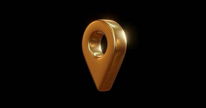 Gold locator mark of map and location pin or navigation icon sign on black background with search concept. 3D rendering.