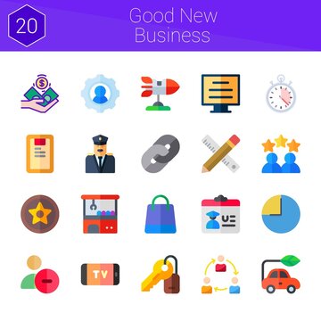 good new business icon set. 20 flat icons on theme good new business. collection of settings, hollywood, smartphone, racing, rocket, link, rating, blog, clipboard, claw machine