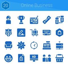 online business icon set. 20 filled icons on theme online business. collection of Trophy, Nantes, Server, Keyboard, Behance, Time, Graphic tablet, Luggage, Management, Cashier