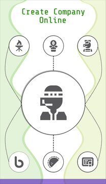 create company online editable infographic template with icons of Call center, Growth, Gujjia, Torch, Bebo, Certificate